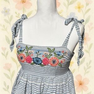 Altar’d State Blue Stripe Floral Embroidered Smocked Dress Small Boho Beach